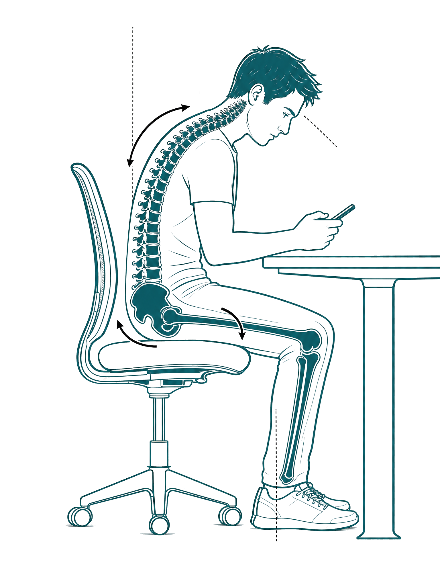 Desk and text neck posture that loads the neck and hip together