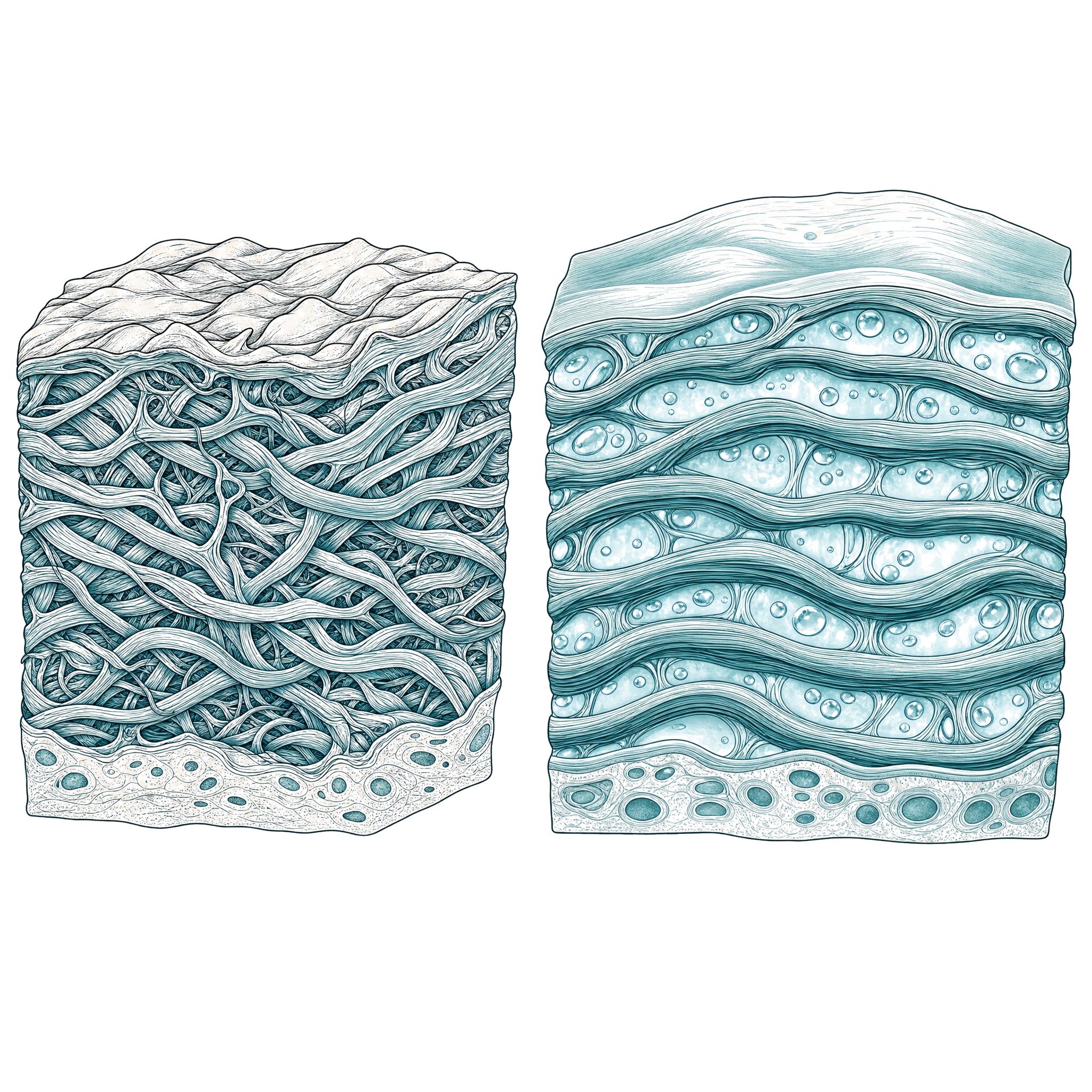 Hydrated versus dehydrated fascia, shown like a sponge that glides when full of water and grips when dry